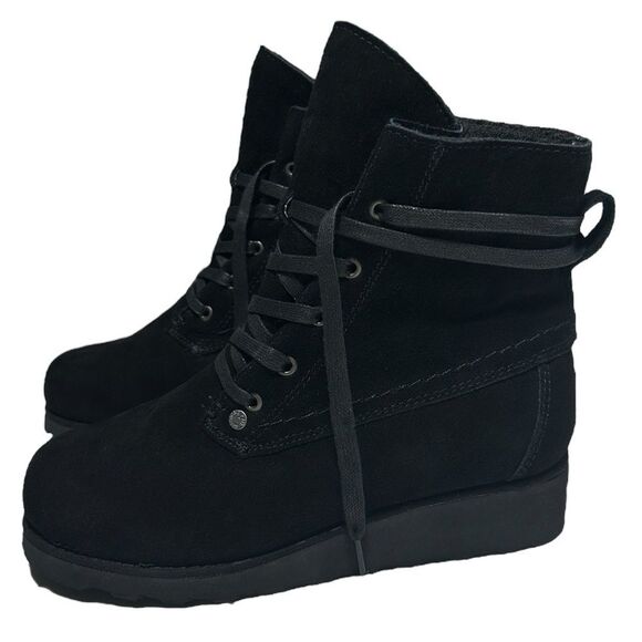 BearPaw Krista Cow Suede Wool Lined Boots Black Winter Boots Sheepskin Footbed - Picture 5 of 14